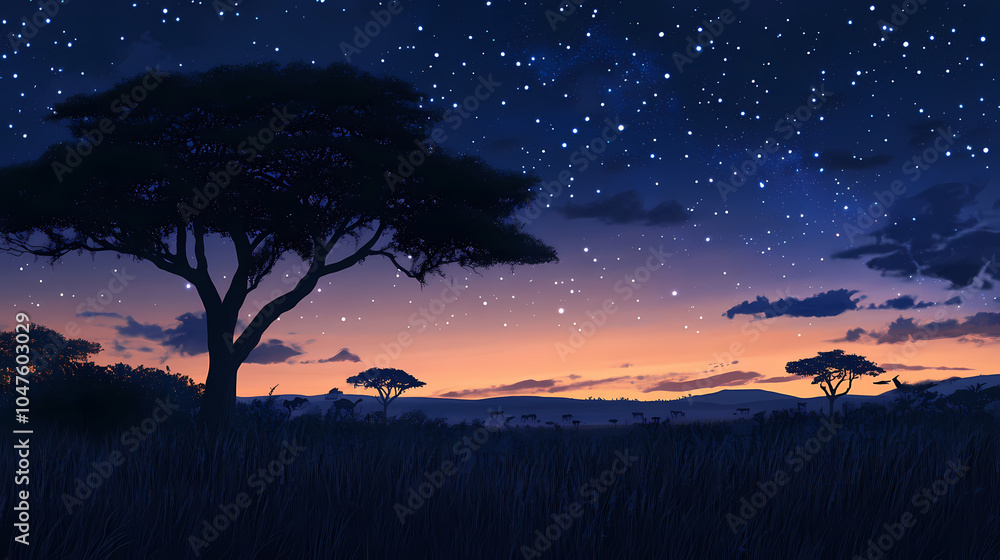 Experience the serene nights of the african savanna, where natural darkness enhances peaceful slumber under a starlit sky. Savanna Night Sky. Illustration Experience the serene nights of the african savanna, where natural darkness enhances peaceful slumber under a starlit sky. Savanna Night Sky. Illustration