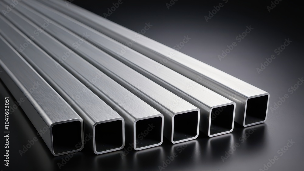 Realistic aluminum square tubing in various sizes, perfect for illustrating architectural, engineering, or industrial applications. Realistic aluminum square tubing in various sizes, perfect for illustrating architectural, engineering, or industrial applications.