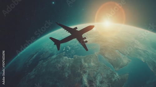Airplane flying over the Earth with the sun rising in the background.