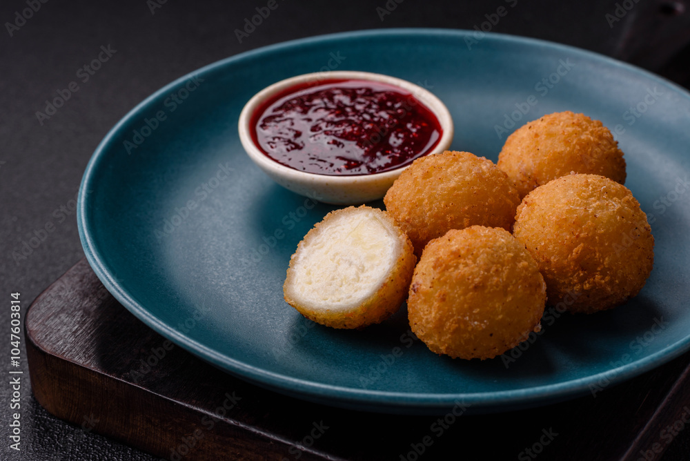 French fries balls with breaded brie or camembert cheese with sweet berry sauce French fries balls with breaded brie or camembert cheese with sweet berry sauce