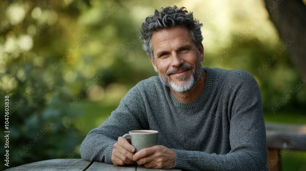 Mature man enjoying coffee outdoors on a peaceful day Mature man enjoying coffee outdoors on a peaceful day