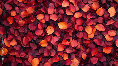 Deep red and burnt orange leaves forming a natural abstract pattern on the ground