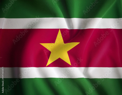 Republic of Suriname flag waving in the wind. Close up of Republic of Suriname banner blowing, soft and smooth silk.