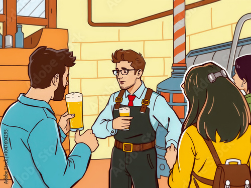 A man in a vest is talking to two other people while holding a beer. The man in the vest is wearing glasses and has a beard. The scene is casual and relaxed