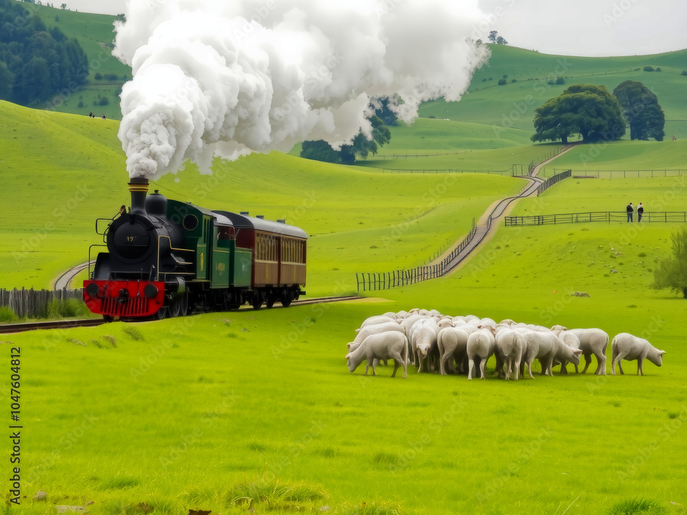 A train is traveling through a lush green field with a herd of sheep grazing in the background. The train is a steam engine, and the smoke it produces adds to the serene atmosphere of the scene
