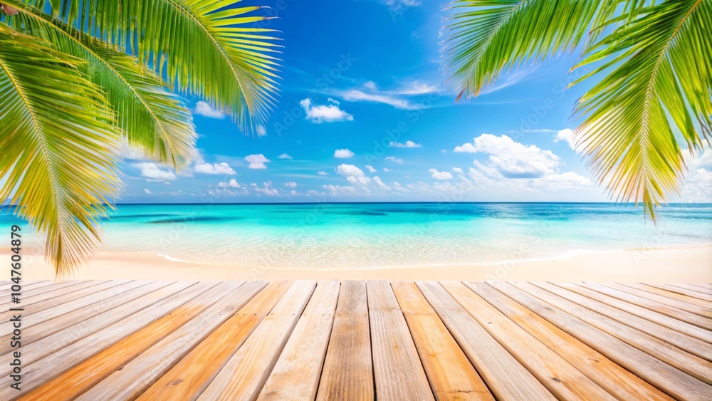 Blur tropical beach with bokeh sun light wave and palm tree on empty old wood table abstract background. Empty wooden table or pier with sunny sea. Empty ready for your product display montage Blur tropical beach with bokeh sun light wave and palm tree on empty old wood table abstract background. Empty wooden table or pier with sunny sea. Empty ready for your product display montage