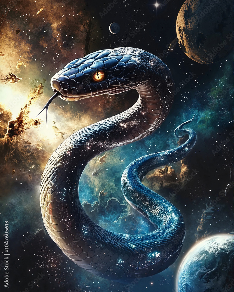 Mystical Cosmic Snake Floating in Galaxy with Planets and Nebula Mystical Cosmic Snake Floating in Galaxy with Planets and Nebula