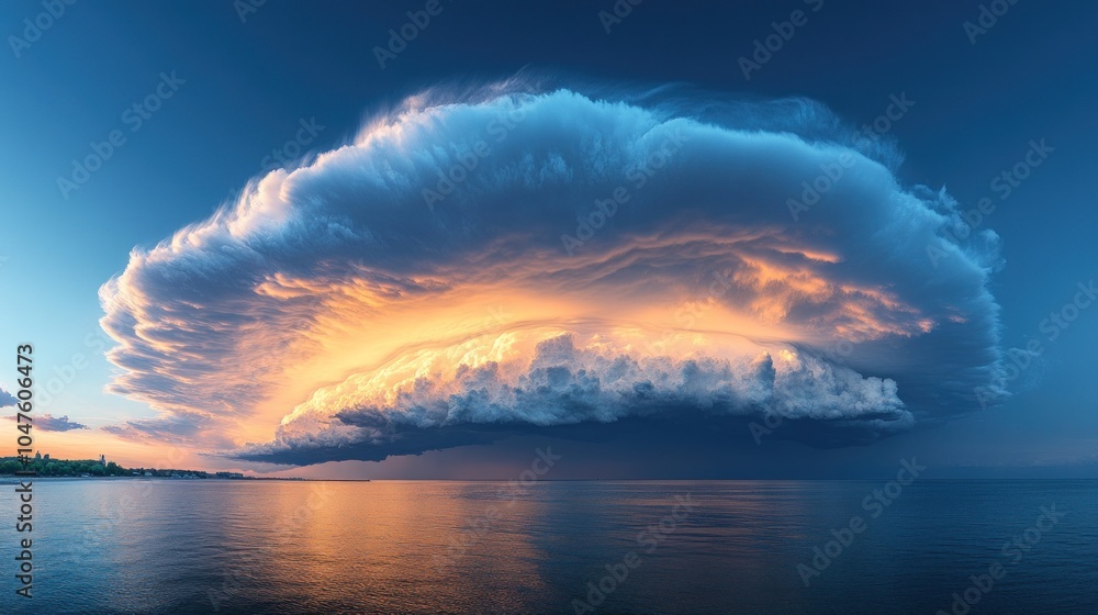 Dramatic, wide shot of a large, imposing storm cloud over a calm ocean at sunset, with the golden light of the setting sun illuminating the cloud from below. Dramatic, wide shot of a large, imposing storm cloud over a calm ocean at sunset, with the golden light of the setting sun illuminating the cloud from below.