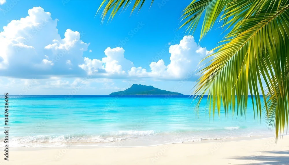 Sandy tropical beach with island in the background. Blurred background of a beautiful white sandy beach with palm trees and blue ocean water. Summer vacation concept banner with copy space. Sandy tropical beach with island in the background. Blurred background of a beautiful white sandy beach with palm trees and blue ocean water. Summer vacation concept banner with copy space.