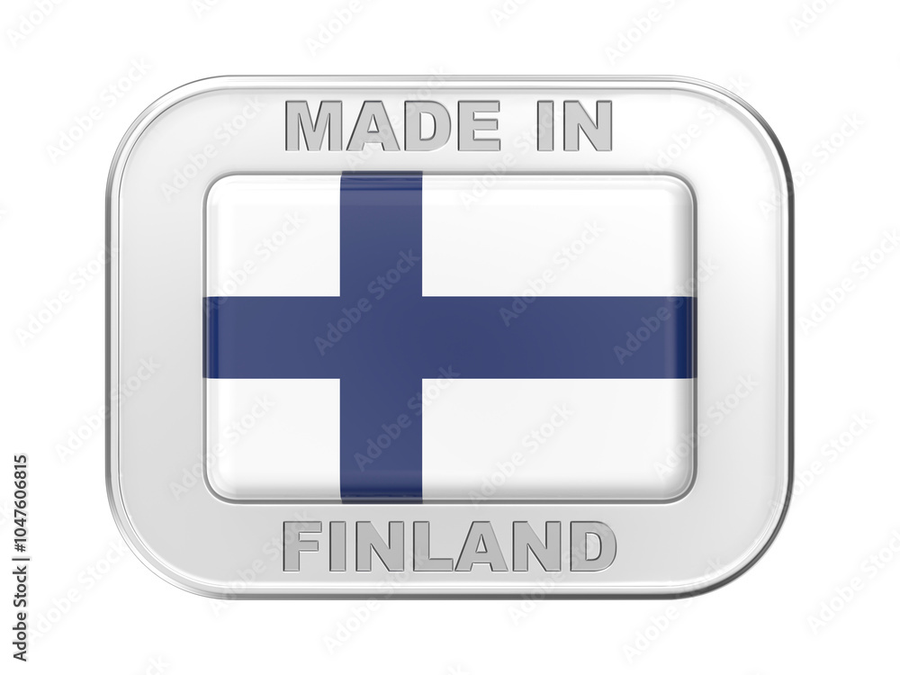Made in Finland, silver badge with the flag of Finland Made in Finland, silver badge with the flag of Finland