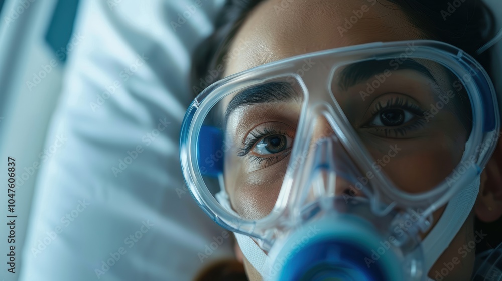 Healthcare professional attending to a patient with an oxygen mask, focusing on respiratory support and recovery in a critical care environment Healthcare professional attending to a patient with an oxygen mask, focusing on respiratory support and recovery in a critical care environment