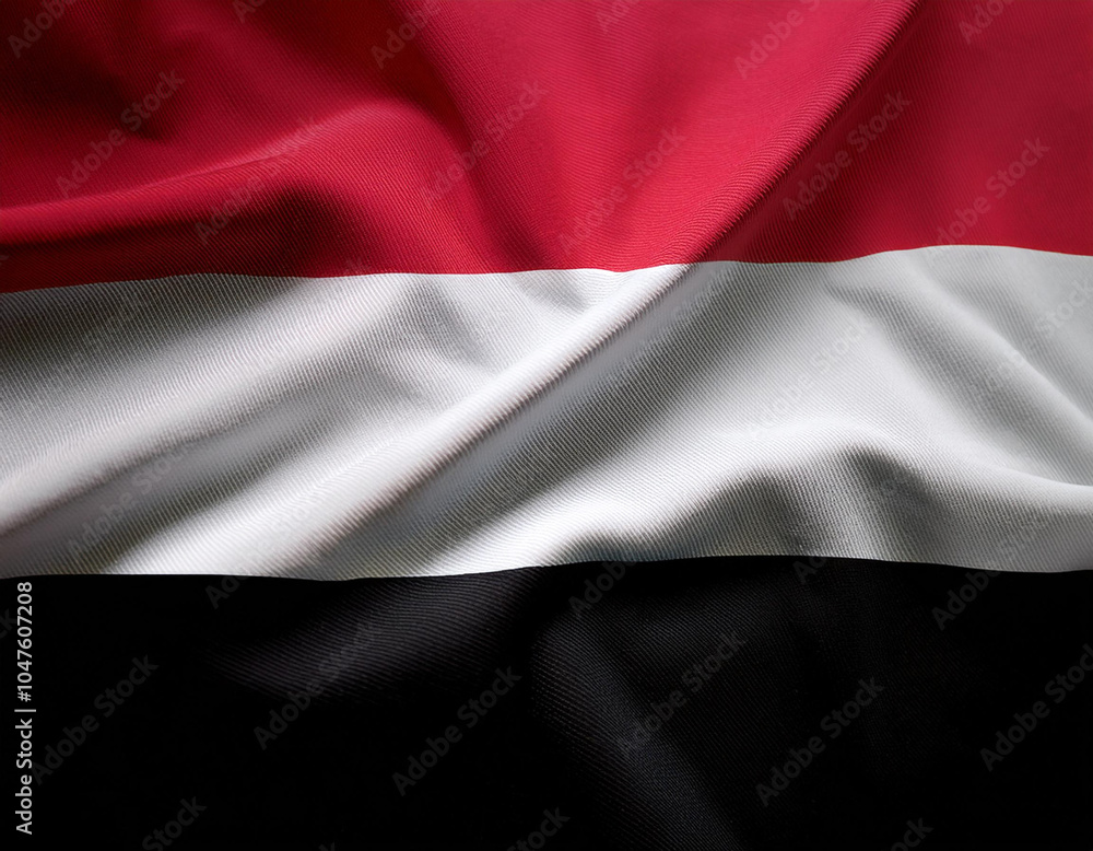 Obraz premium Republic of Yemen flag waving in the wind. Close up of Republic of Yemen banner blowing, soft and smooth silk.