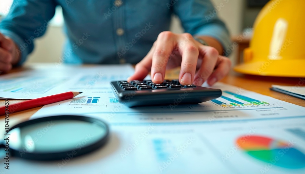 Fototapeta premium Businessman calculating financial data with a calculator at a desk