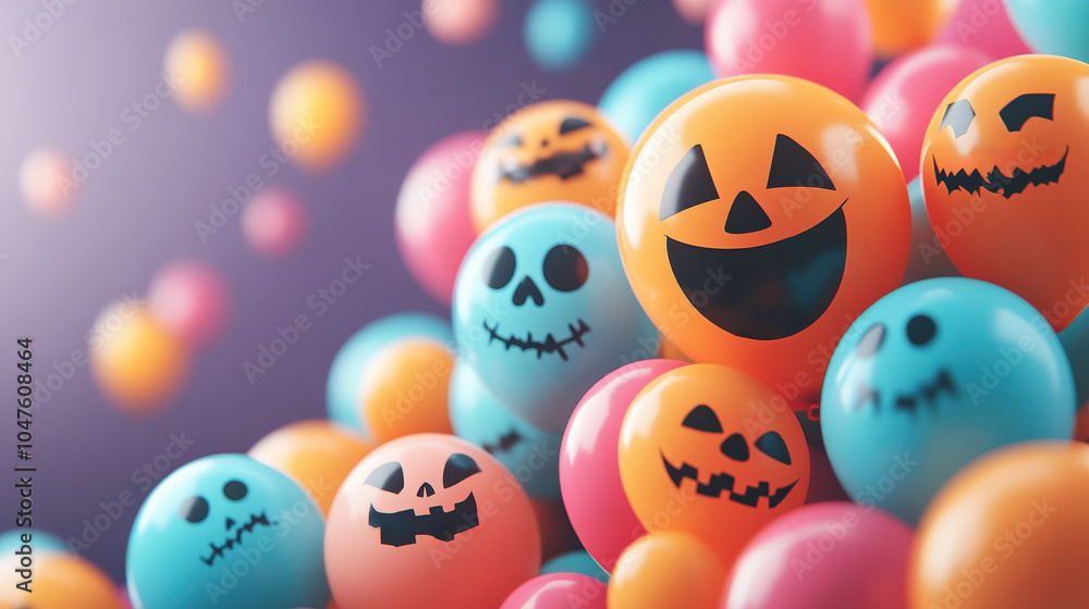 Naklejka premium Happy Halloween. Bright whimsical Halloween background with orange pumpkins