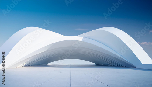 3D render of a modern abstract geometric shapes futuristic architecture with a car park, and empty concrete floor on a blue sky background. Modern white abstract for product presentation, or display