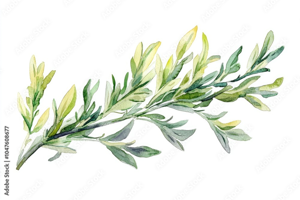Fototapeta premium Hand-Painted Watercolor Illustration of Sagebrush Plant with Aromatic Essential Oil on Twig, Symbolizing Natural Herbal Therapy and HealthCare on White Background