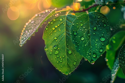 Nature's Morning Dewdrops on Leaves