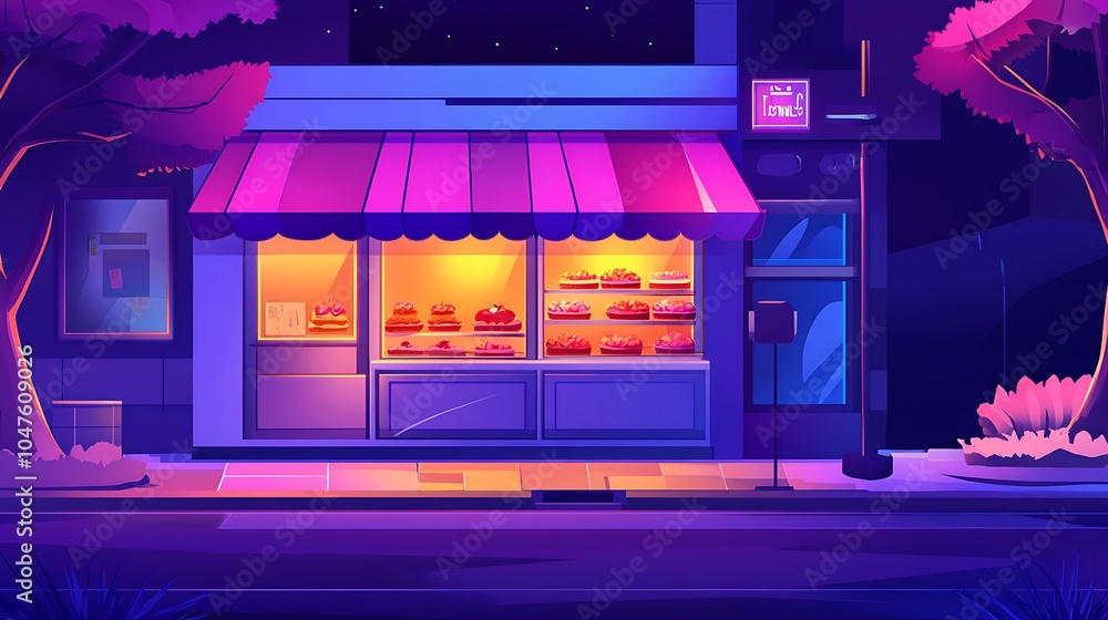Whimsical Bakery at Night with Colorful Treats Whimsical Bakery at Night with Colorful Treats