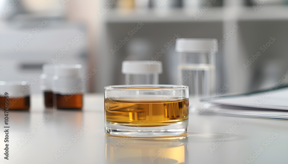 Glass dish with urine sample on table. Urology concept Glass dish with urine sample on table. Urology concept