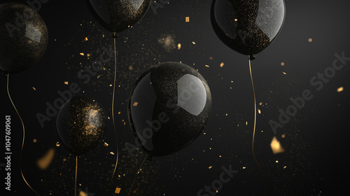 Eleganter schwarzer Hintergrund mit schwebenden, glänzenden schwarzen Ballons. Verstreuter goldener Glitzerstaub sorgt für festliche Akzente. Luxuriöse Atmosphäre für Black Friday & Silvester Events photo