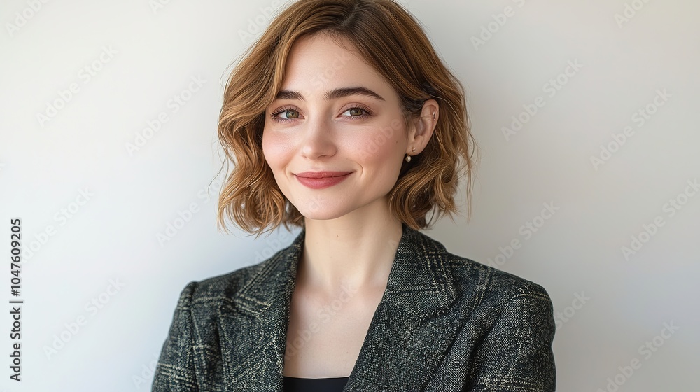 Obraz premium A smiling young woman with curly hair wears a stylish jacket and poses confidently against a plain background.