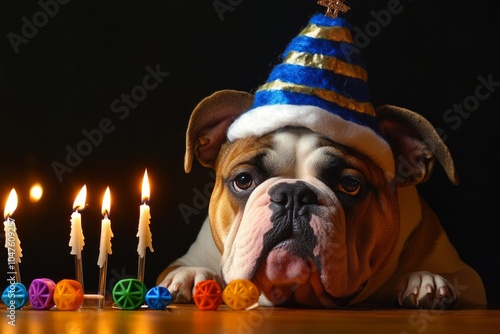 Adorable bulldog with party hat staring at lit birthday candles photo