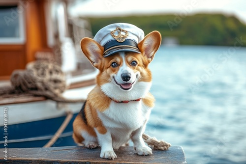 Corgi captain: adorable dog in nautical attire on a boat adventure