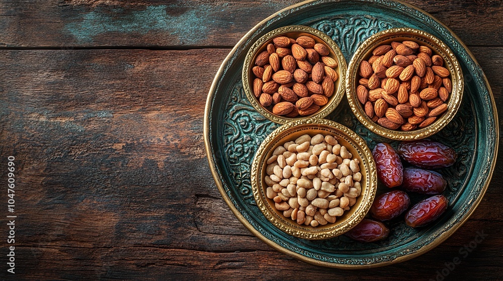 Richly textured dates and almonds in golden bowls on wooden table Richly textured dates and almonds in golden bowls on wooden table