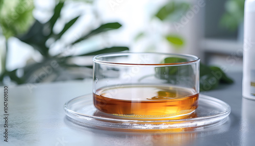 Glass dish with urine sample on table. Urology concept