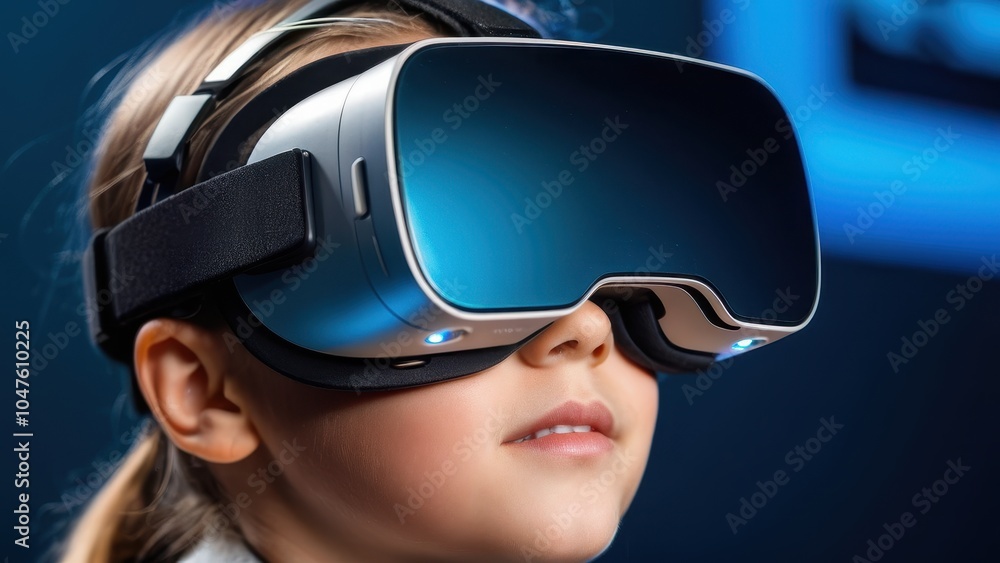 A young child explores virtual reality, fully immersed in a playful digital environment using a VR headset. A young child explores virtual reality, fully immersed in a playful digital environment using a VR headset.