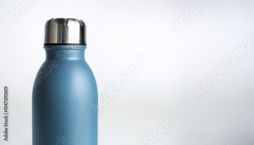 Reusable water bottle on side position provides copy space for text. background concept isolated white