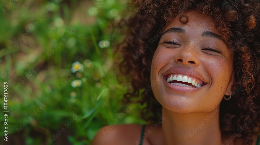 Joyful and carefree young woman with natural afro hair on a green wall, showcasing a bright smile and expressing happiness and humor Joyful and carefree young woman with natural afro hair on a green wall, showcasing a bright smile and expressing happiness and humor
