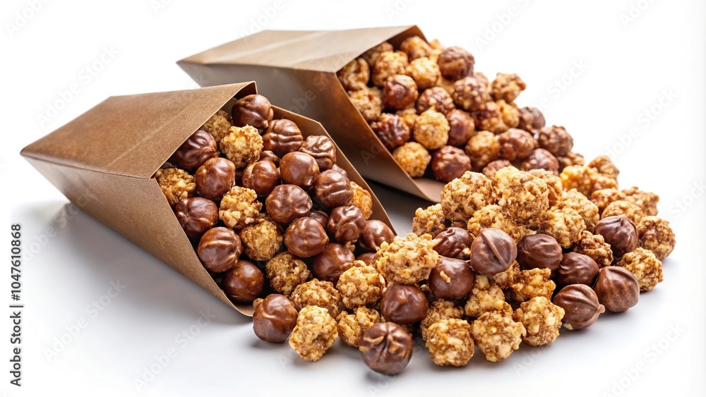 Sweet chocolate flavored popcorns pour out from packages on white background Sweet chocolate flavored popcorns pour out from packages on white background