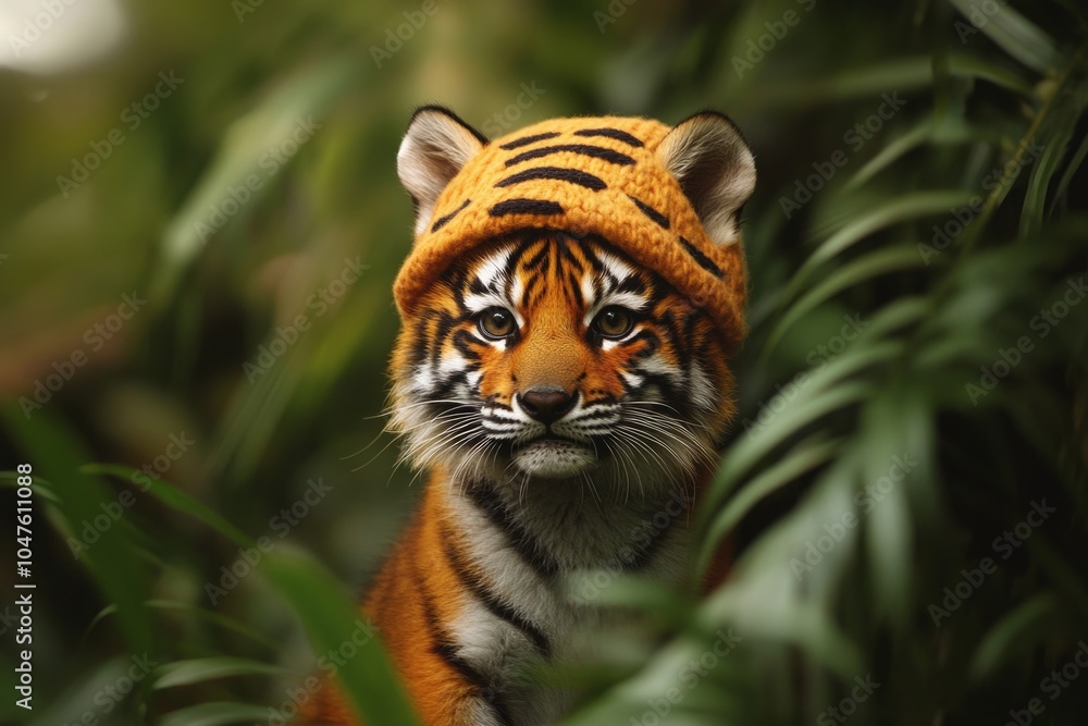 Obraz premium Adorable tiger cub in knitted hat surrounded by lush greenery in jungle