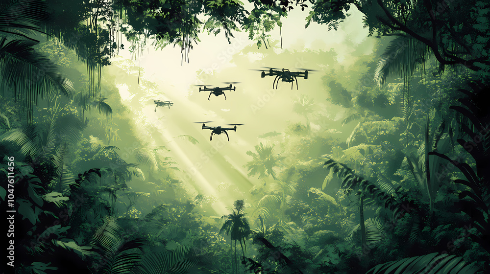 Drones flying over dense rainforest, environmental monitoring mission. Rainforest Canopy. Illustration Drones flying over dense rainforest, environmental monitoring mission. Rainforest Canopy. Illustration