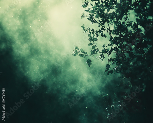 Forest, green, vintage grainy 35mm film wallpaper featuring faded colors, light leaks, and dust particles, creating a retro cinematic atmosphere with soft, blurred textures photo