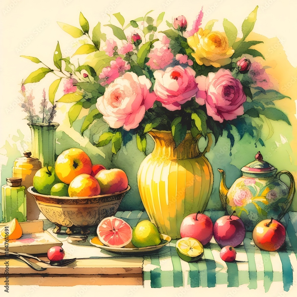 still life with flowers and fruits