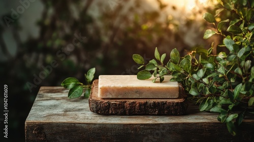 A handmade soap bar rests on a rustic wooden slab outdoors, surrounded by natural greenery, conveying simplicity and purity in personal care products. photo