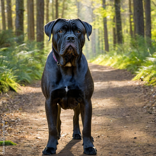 Cane Corso Dog in Sunny Forest Trail Portrait