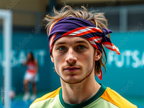 A man with a bandana on his head is standing in front of a wall with the word 