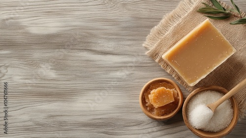 A block of handcrafted soap is paired with a bowl of coarse sea salt, displayed in a rustic setting evoking the essence of artisanal, natural skincare. photo