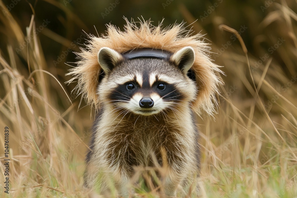 Fototapeta premium Raccoon wearing a lion mane in a field: adorable wildlife encounter