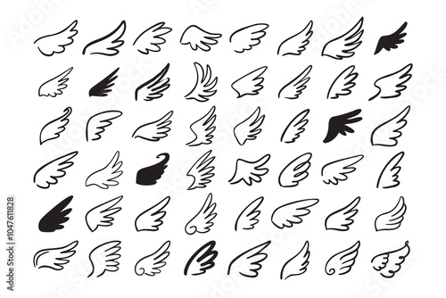 Doodle outline sketch angel wings. Angel feather wing, silhouette. Linear fly winged angels, flying heaven hand drawn doodle vector icons