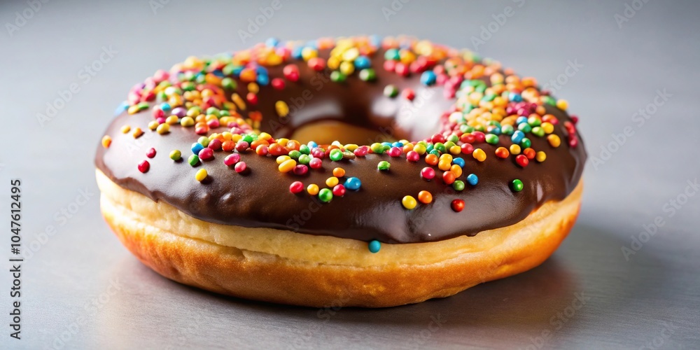 Sweet donut sprinkled with colorful sticks and drizzled with chocolate sauce Sweet donut sprinkled with colorful sticks and drizzled with chocolate sauce