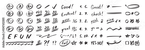 English test exam pen mark. School teacher test. A B C D Doodle outline hand drawn style