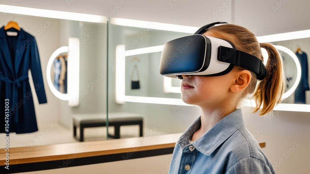 A child explores fashion through a VR fitting room, experiencing virtual clothing try-ons in an immersive environment. A child explores fashion through a VR fitting room, experiencing virtual clothing try-ons in an immersive environment.