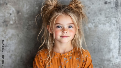 A close-up portrait of a girl with loose blond hair and freckles, wearing a patterned orange shirt standing against a textured gray backdrop, projecting serenity. photo