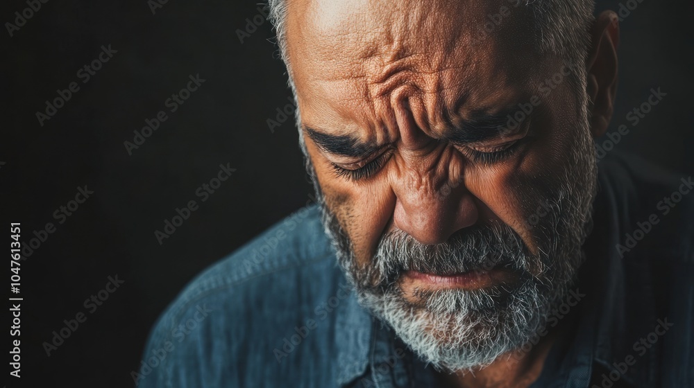 Obraz premium Close up portrait of senior latinx man feeling sorrow, sadness and grief, banner with copy space. emotions and intensity of personal struggle, vulnerability and emotional intensity.