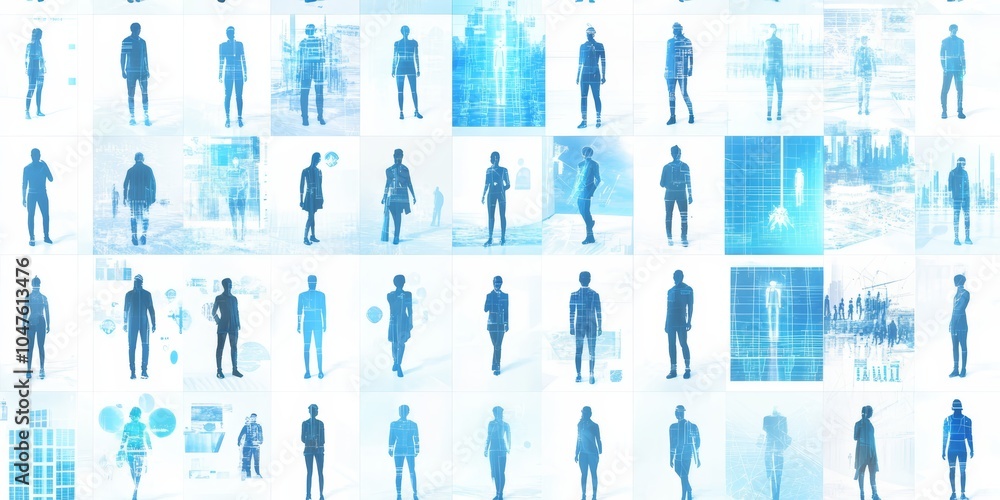 Silhouettes of diverse figures in a futuristic digital landscape with cool blue tones. Silhouettes of diverse figures in a futuristic digital landscape with cool blue tones.
