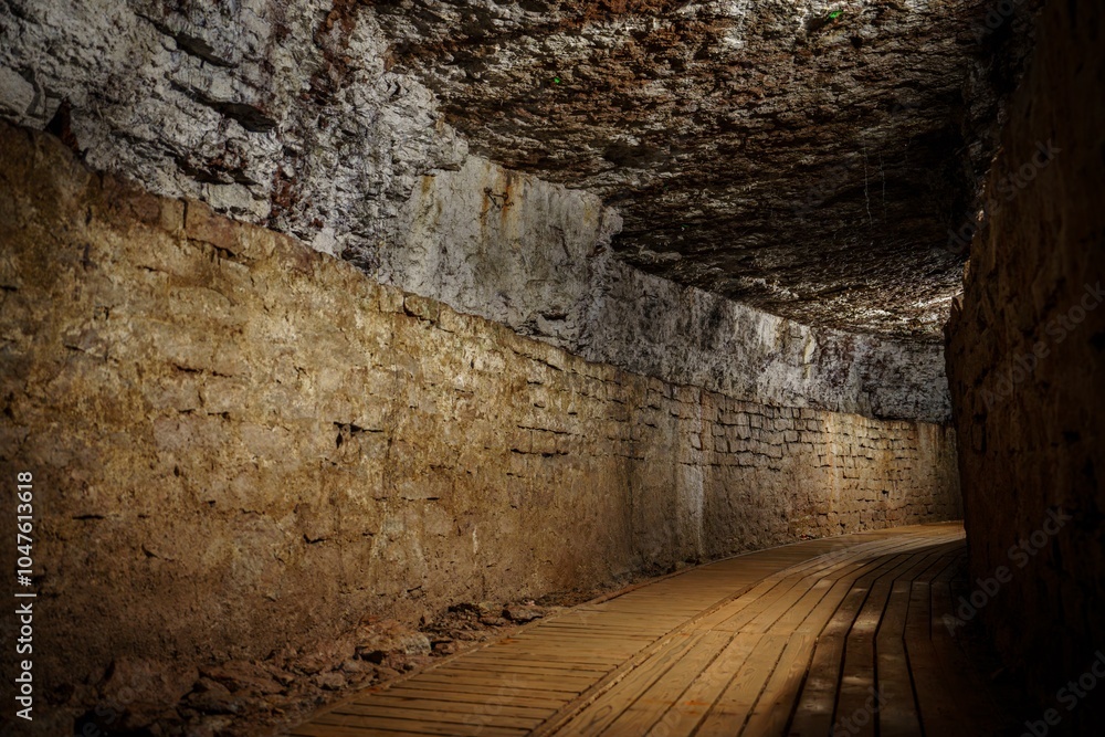 This image depicts a long underground stone tunnel featuring a wooden walkway on the right and rough stone walls illuminated by dim lights, showcasing medieval architecture. This image depicts a long underground stone tunnel featuring a wooden walkway on the right and rough stone walls illuminated by dim lights, showcasing medieval architecture.